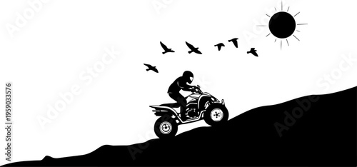 A black and white illustration of a person riding an atv through mountains