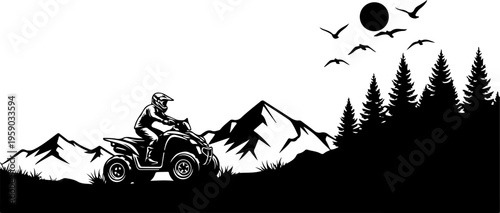 A black and white illustration of a person riding an atv through mountains