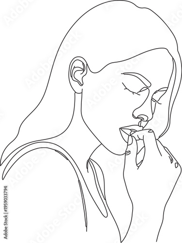 Woman biting nails, hand drawn simple sketch vector illustration