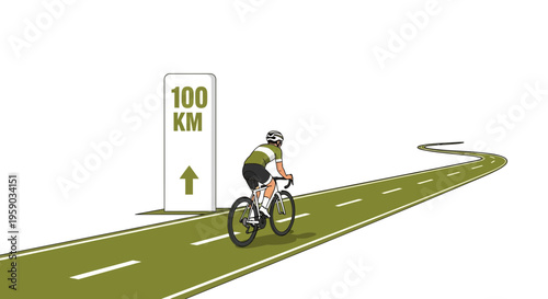 Cyclist Embarks on a Journey Towards a 100km Destination in a Clean, Minimalist Illustration