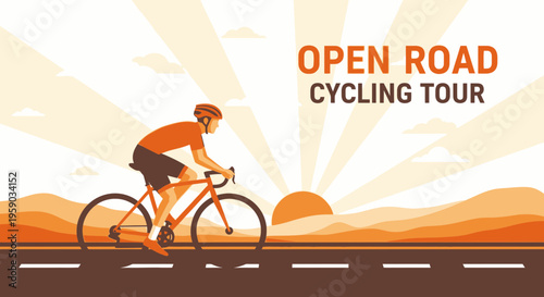 Cyclist Embarking On An Open Road Cycling Tour Amidst A Scenic Sunrise and Rolling Hills