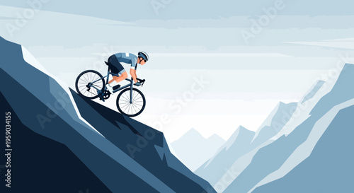 Cyclist Descending Mountain: Illustration Of Extreme Cycling Adventure In The Mountain Ranges