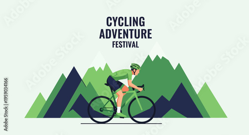 Cycling Adventure Festival Illustration Depicting Cyclist Riding Bike In Mountain Landscape