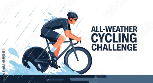 Cyclist Enduring Heavy Rain In An All-Weather Cycling Challenge Illustration