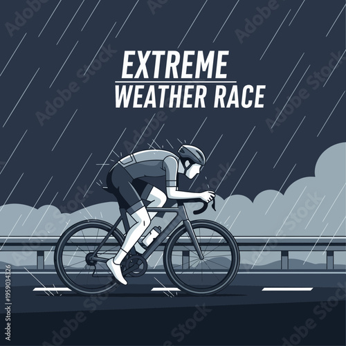 Cyclist Enduring Stormy Conditions During Intense Race, Displaying Determination and Grit on Road