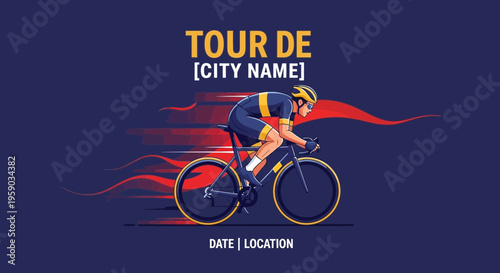 Cycling Event Poster Depicting A Cyclist Racing On A Road Bike With Dramatic Visuals
