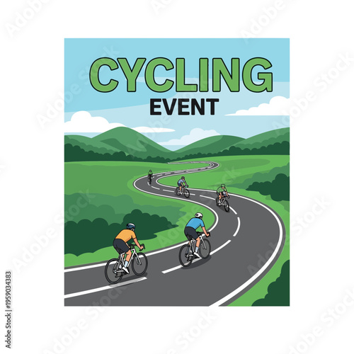 Cycling Event Poster Depicting Cyclists Navigating Winding Road Through Lush Green Landscape