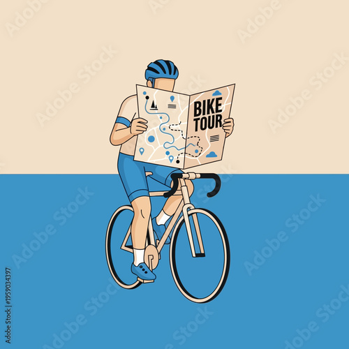 Cyclist Exploring Route Map on a Bicycle: Discovering Urban and Scenic Bike Tours Adventure