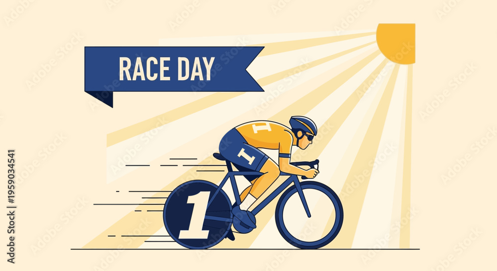 Fototapeta premium Cyclist in Action on Race Day with Sunburst Background, Winning Number One Sign
