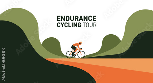Cycling Tour Silhouette Over Orange Trail Against Abstract Nature Background, Cyclist Graphic