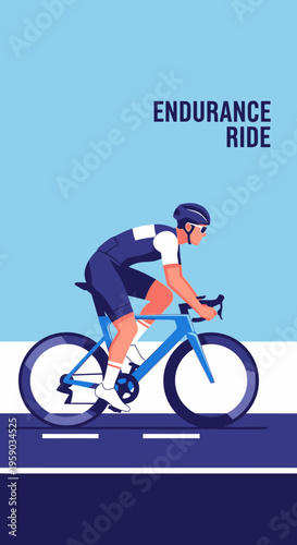Cyclist in Action: Endurance Ride Depiction on a Blue Road with Vector Illustration