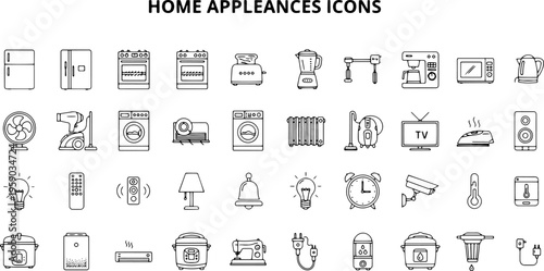 Home Appliance Icons Line Drawings.