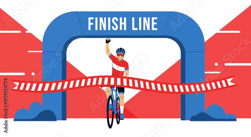 Cyclist Triumphantly Crossing the Finish Line with Energetic Colors and Creative Design