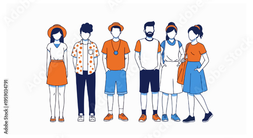 Six faceless human figures stand together in a row wearing various casual outfits in orange and blue tones against a plain white background.