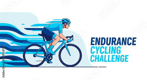 Cyclist Undergoing Endurance Cycling Challenge with Dynamic Blue Swirls and Bold Text