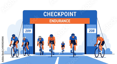 Cyclists Approaching Checkpoint During Endurance Race With Clear Road Ahead Towards Goal