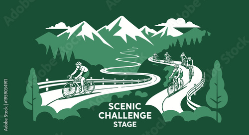 Cyclists Ascending Mountain Road During Scenic Challenge Stage, Nature And Sport