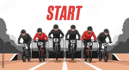 Cyclists Ready At The Start Line For A BMX Race Competition