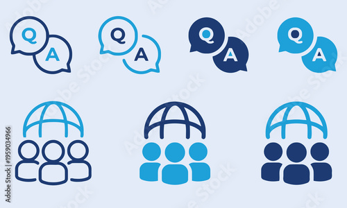 Q&A Icons: Speech Bubbles with Questions and Answers over Globe with People Icons