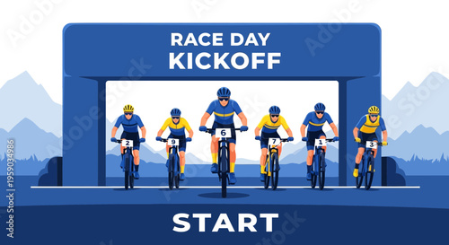 Cyclists At The Starting Line: Race Day Kickoff Under Blue Arch, Mountain Backdrop