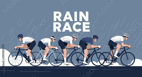 Cyclists Competing in a Rainy Cycling Race During a Downpour in Modern Illustration