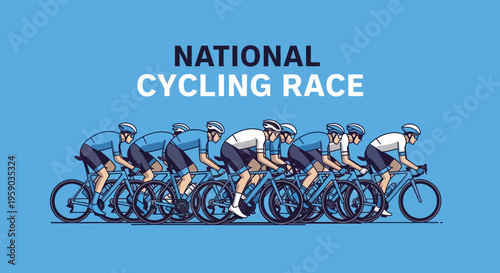 Cyclists Competing in the National Cycling Race on a Blue Background Illustration