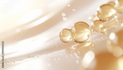 ゴールドの美容液が肌に広がり光を反射しながら潤いとツヤを与える様子を表現した高保湿スキンケアテクスチャイメージ ジェネレーティブAI
