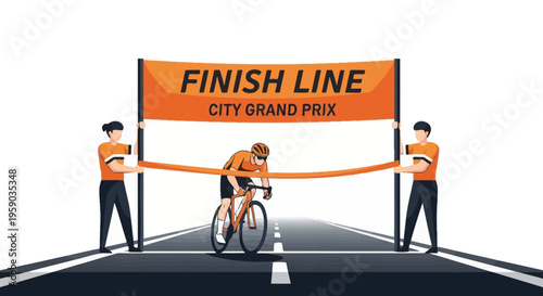 Cyclist Reaches Finish Line at City Grand Prix Race with Two People Holding Ribbon