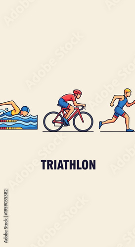 Depicting Triathlon Athletes: Swim, Cycle, and Run Illustrated with Vibrant Line Art Graphics