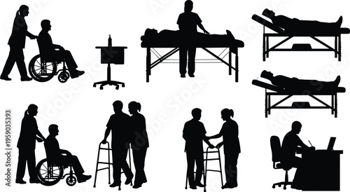 Healthcare rehabilitation silhouettes set showing wheelchair assistance therapy patient bed recovery support medical staff clinic vector illustration collection