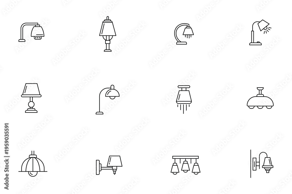 Fototapeta premium Lamp and lighting fixture thin line icons set, collection of modern interior light symbols including desk, floor, wall and ceiling lamps
