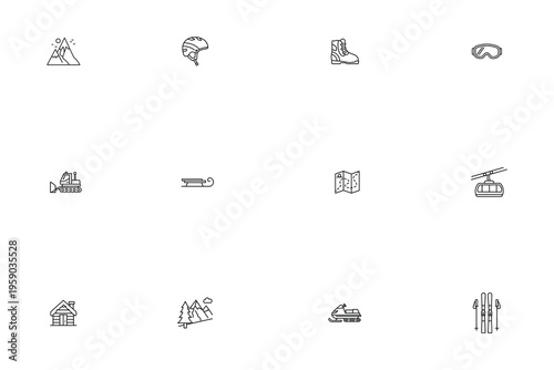 Winter sports and mountain resort thin line icons set, collection of linear symbols for skiing, snowboarding, and winter outdoor activities