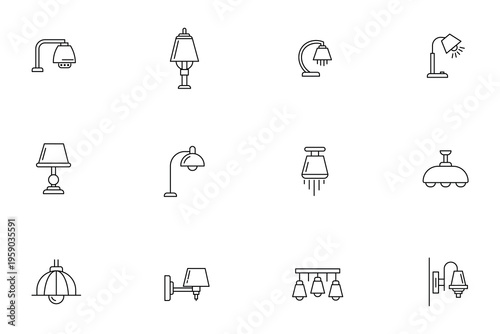 Lamp and lighting fixture thin line icons set, collection of modern interior light symbols including desk, floor, wall and ceiling lamps