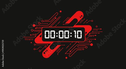 Digital Countdown Timer Displaying Ten Seconds Against Circuit Board Backdrop
