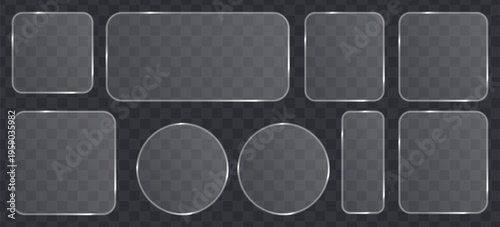 Set of glassmorphism frames, frosted glass plates, transparent ui elements with glossy borders