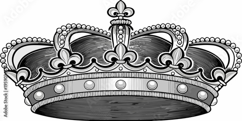 An ornate vintage style crown illustration in black and white