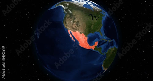 Mexico on the Globe. Zoom into the country with the Earth spinning in space. High detail physical world map with Mexico on it. Country view animation. Elements of this image furnished by NASA.