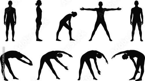 Stretching body silhouettes collection, fitness warm up and flexibility exercises, human poses for workout routine, healthy lifestyle concept, yoga and training, black silhouette vector illustration 