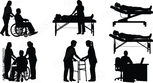 Healthcare rehabilitation silhouettes showing wheelchair assistance therapy treatment patient bed recovery support medical staff vector illustration collection set