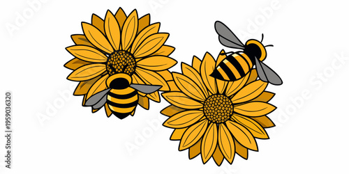 Two sunflowers with detailed centers attract a busy honeybee