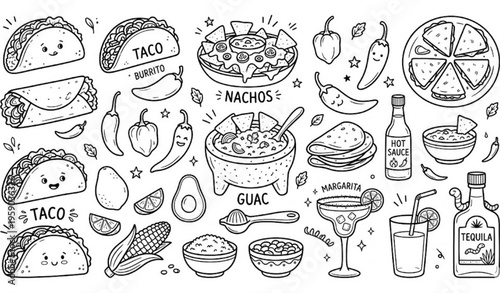 Trendy Mexican Food Line Art Set Hand Drawn Doodle Cartoon Vector Black and White