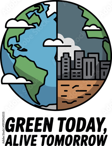 Earth split into green nature and grey city pollution