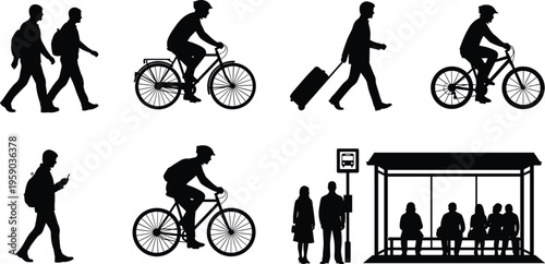 Urban transport silhouettes collection, people walking, cycling and waiting at bus stop, city commuting concept, public transportation lifestyle, daily travel activity, black silhouette vector 