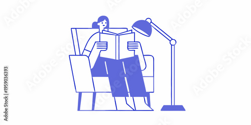 A woman relaxes in a chair reading a book under a bright lamp