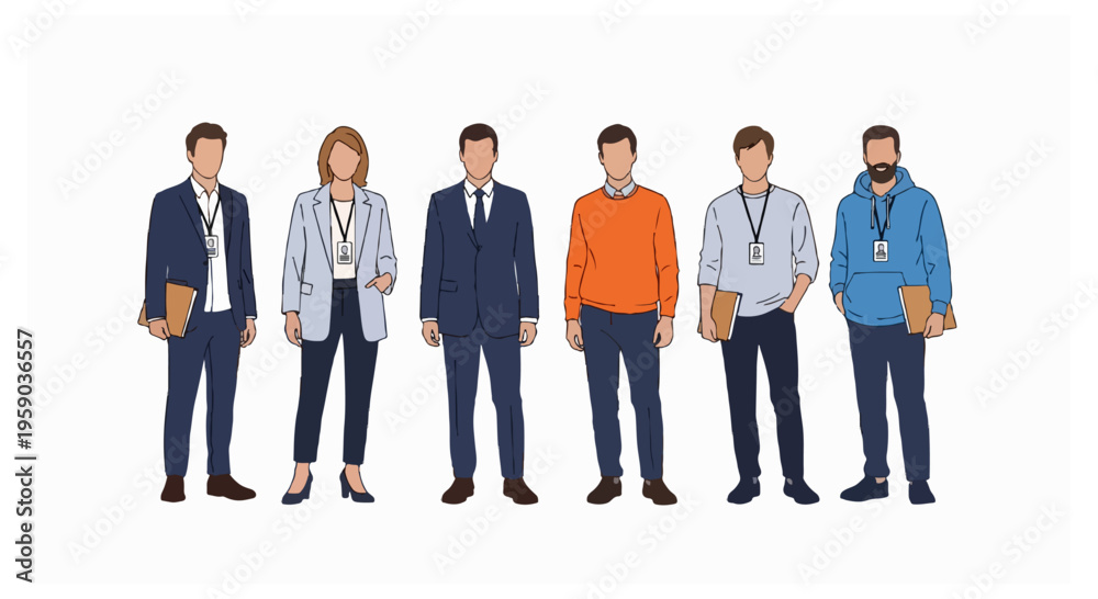 Fototapeta premium Six people wearing different professional and casual outfits with identification badges around their necks stand in a row on a plain white background.