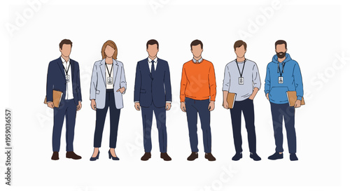 Six people wearing different professional and casual outfits with identification badges around their necks stand in a row on a plain white background.