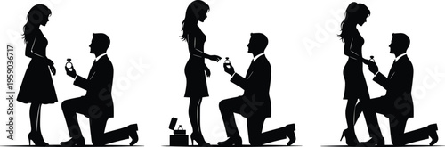 Marriage proposal silhouettes collection, man kneeling giving ring to woman, romantic engagement moment, love and relationship concept, couple interaction, black silhouette vector illustration set