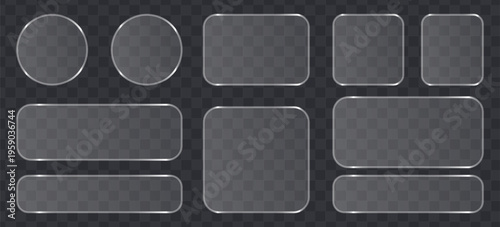 Set of glassmorphism style frames, buttons and banners with rounded corners