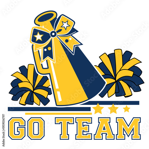 Cheerleading Go Team Vector Illustration with Megaphone, Pom-Poms, and Stars in Navy Blue and Yellow School Colors