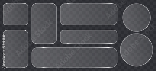 Set of glassmorphism frames, transparent frosted glass plates with rounded corners